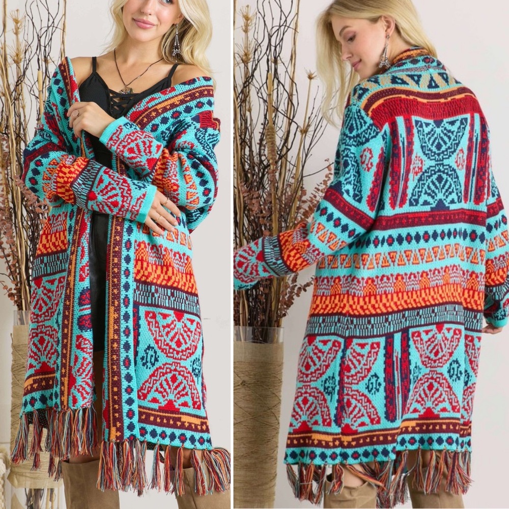 #52New Aztec Tribal Boho Western Ski Montana Cardigan Sweater Southwest Coat
